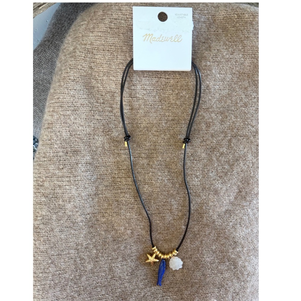 Madewell Fish Shell Starfish Charm Adjustable Cord Necklace Blue Gold OA831 NEW